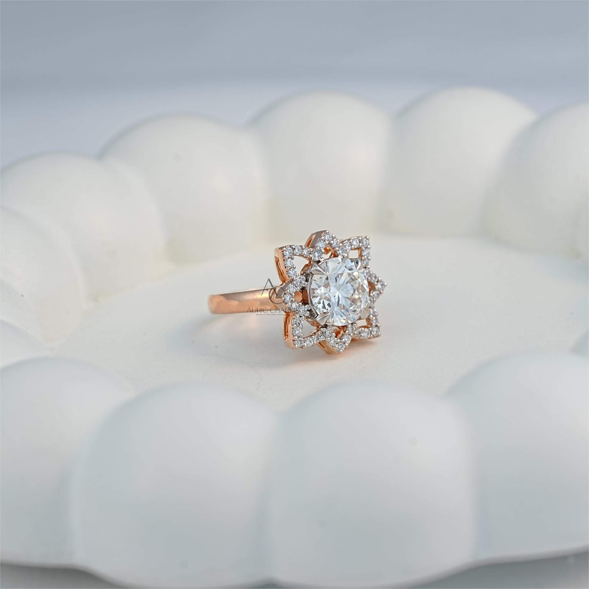 Lab-grown diamond flower ring in rose gold, a sustainable and luxurious choice.
