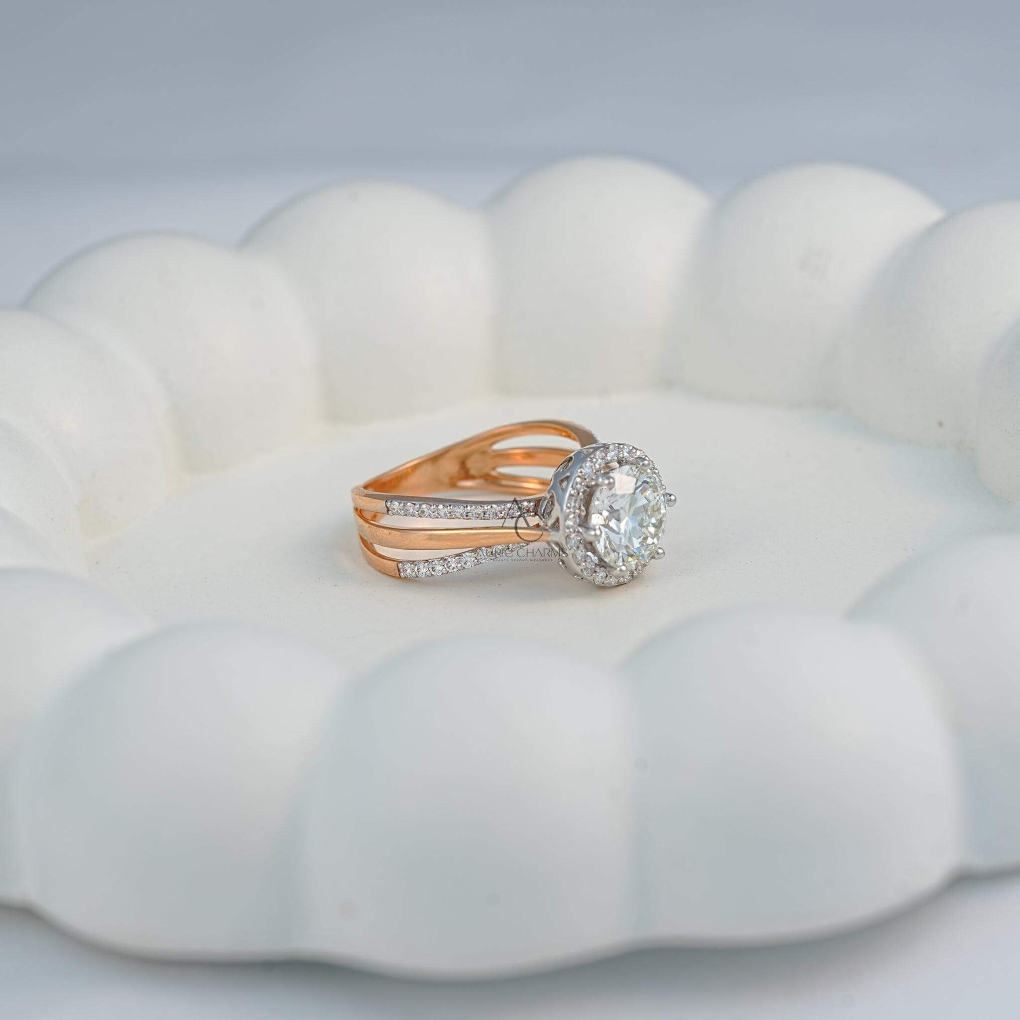 Side by side view of round halo diamond engagement ring in rose gold, intricate craftsmanship.