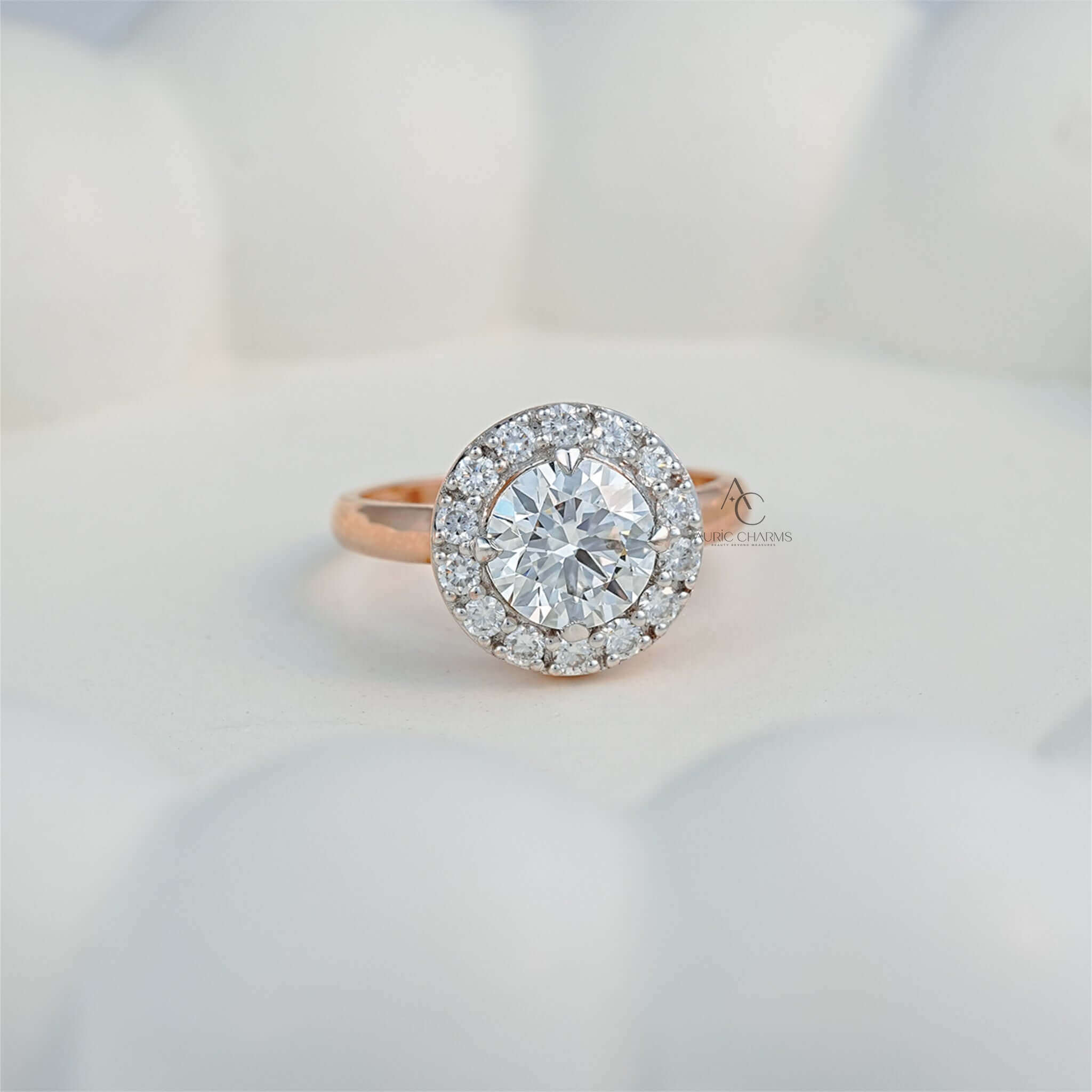 Top view of double halo round diamond ring on a decorative plate.