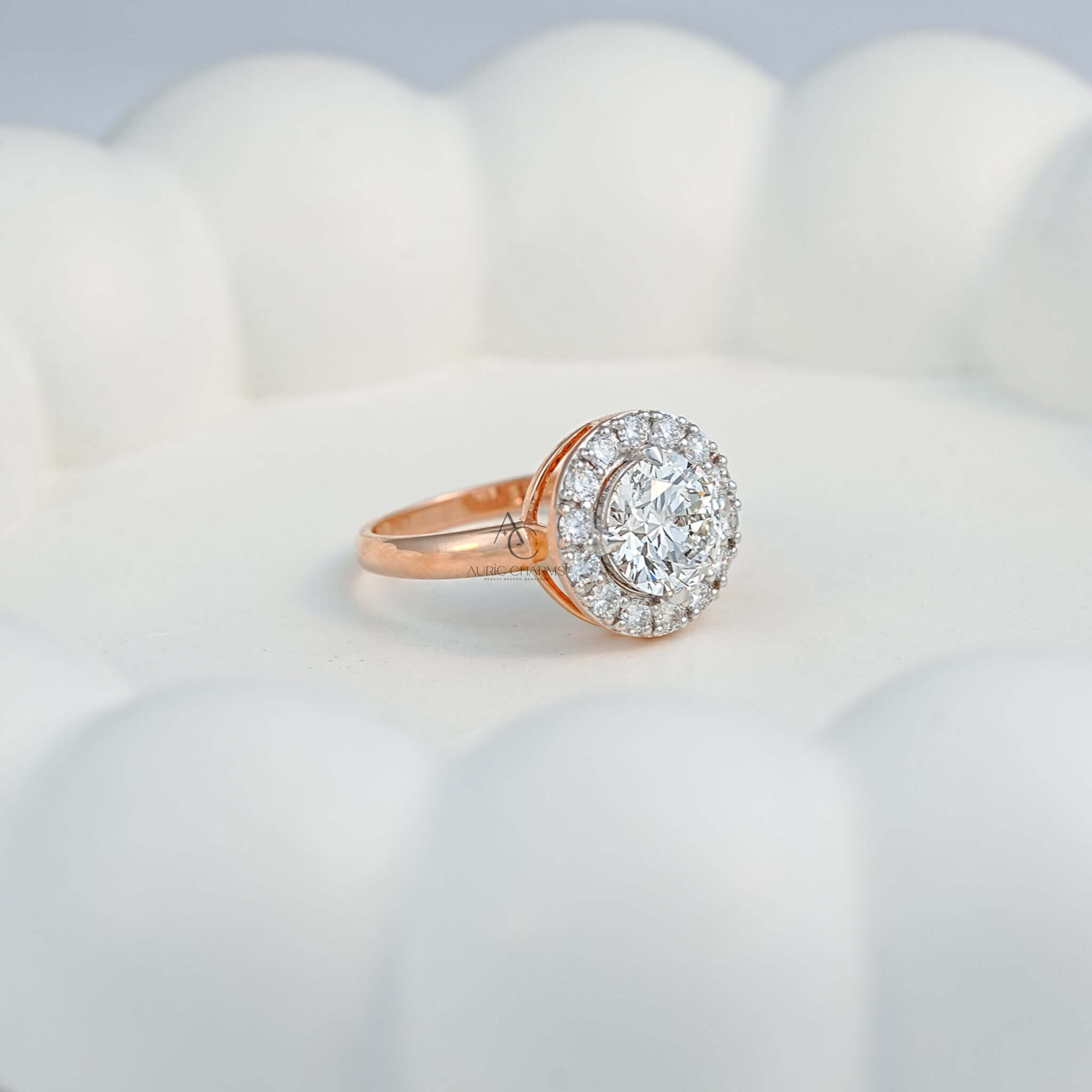 A side profile view of a round diamond engagement ring on a scalloped white dish. The double halo and pave-set diamonds emphasize its timeless elegance.