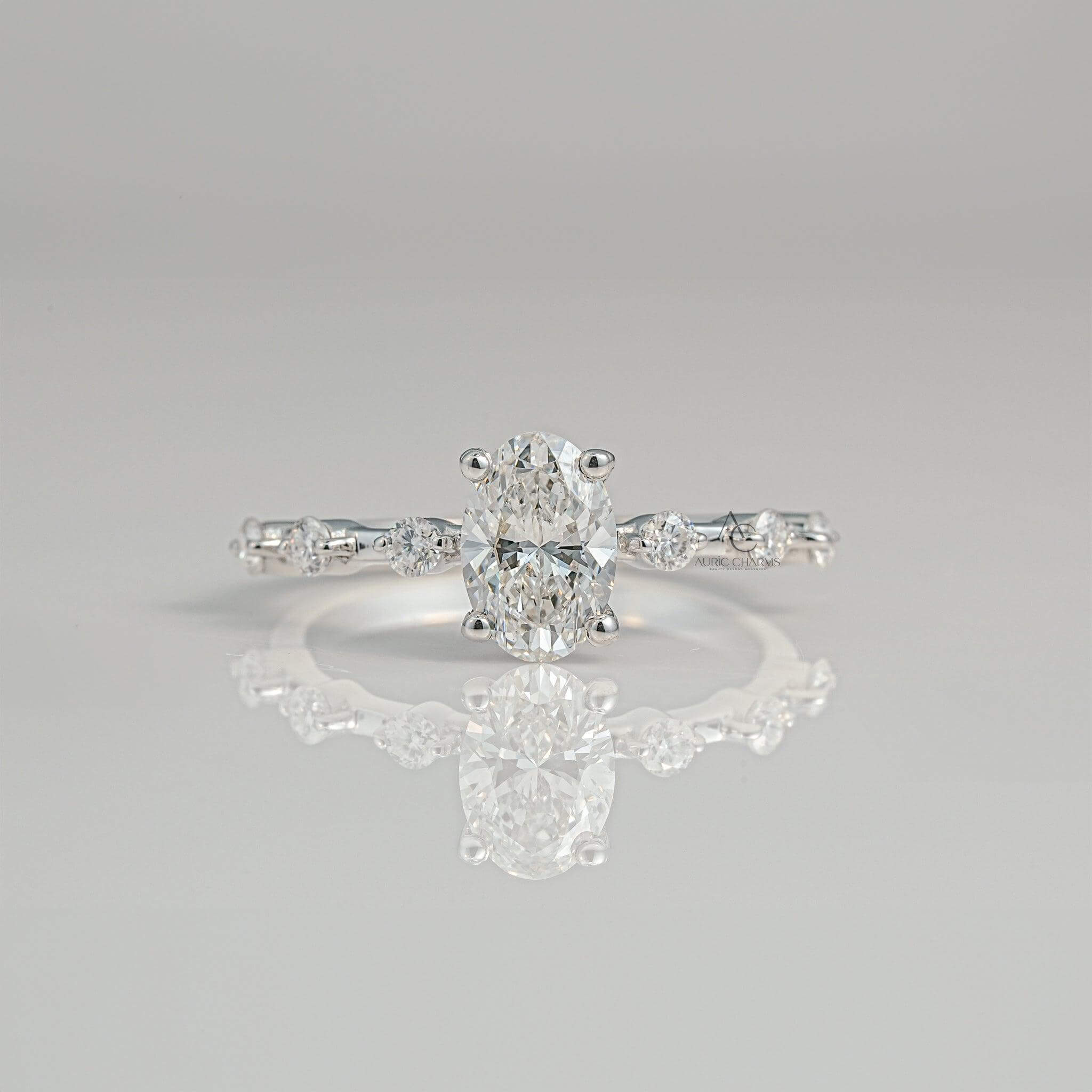 Oval-cut diamond engagement ring with delicate accents, reflecting timeless elegance.