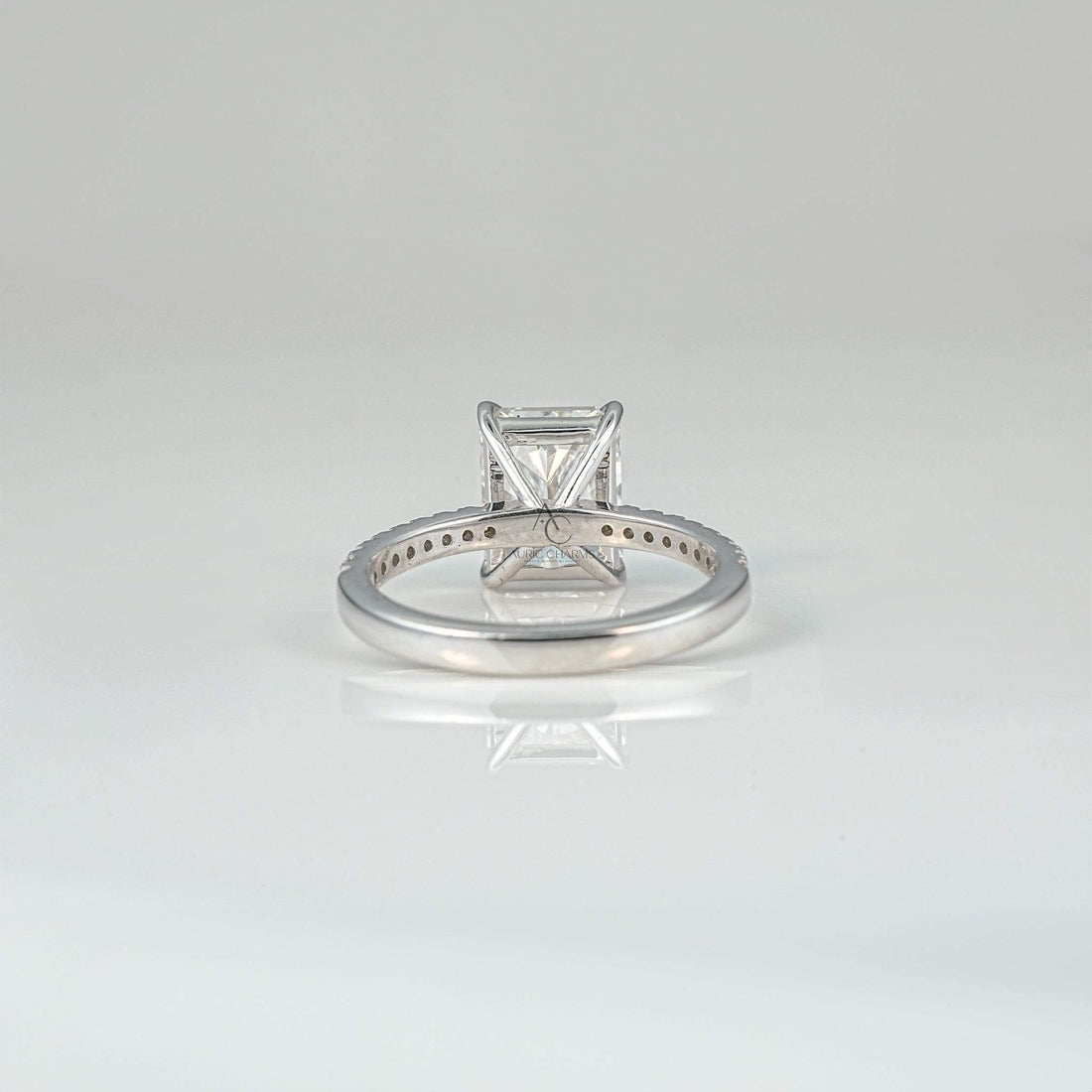 Back view of a radiant-cut diamond ring showcasing the elegant ring structure.