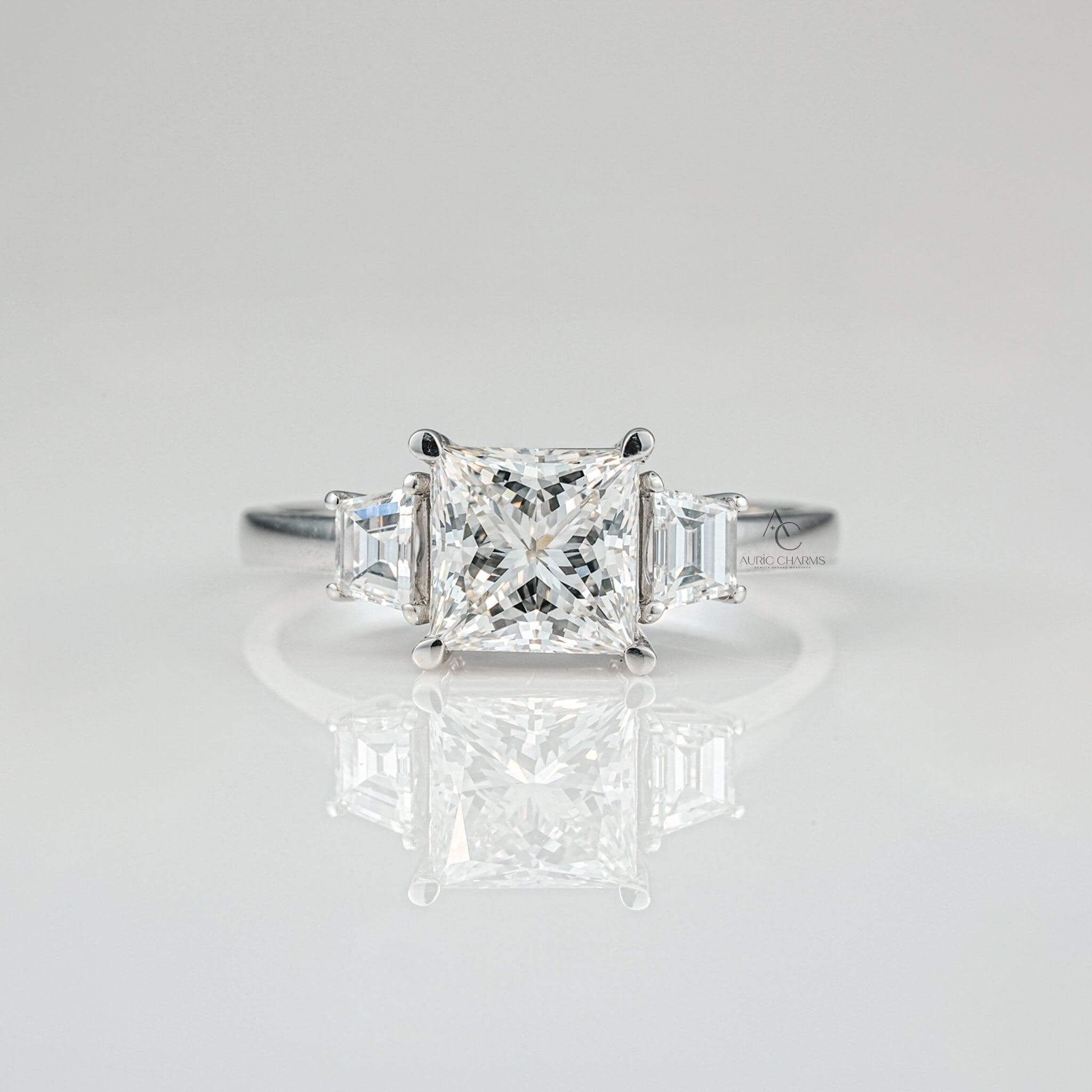 Princess-cut lab-grown diamond ring with side baguette diamonds in platinum setting