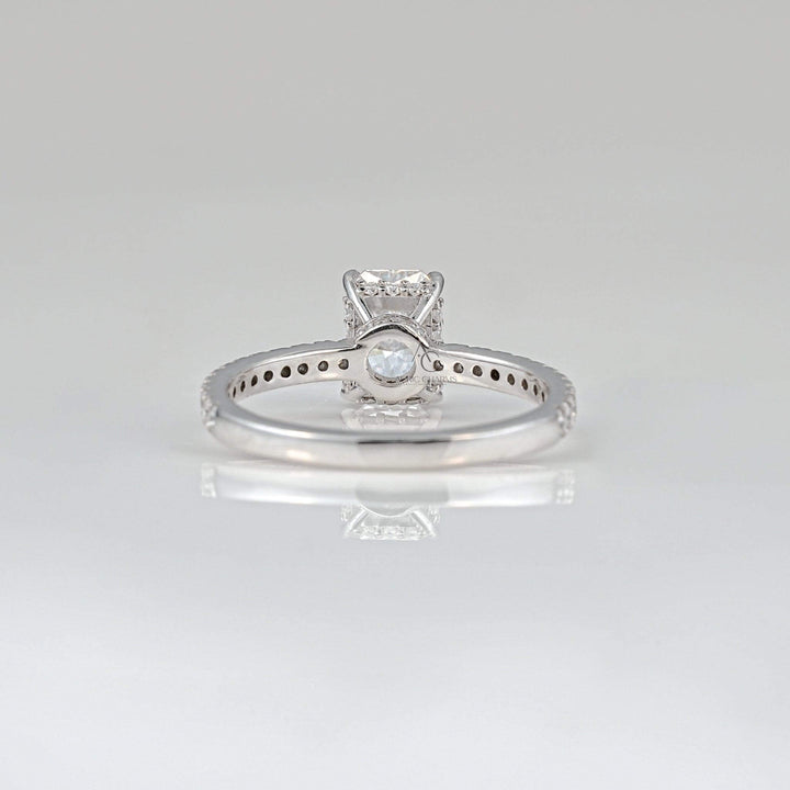 Rear view of radiant diamond ring showcasing refined craftsmanship and pavé design details.