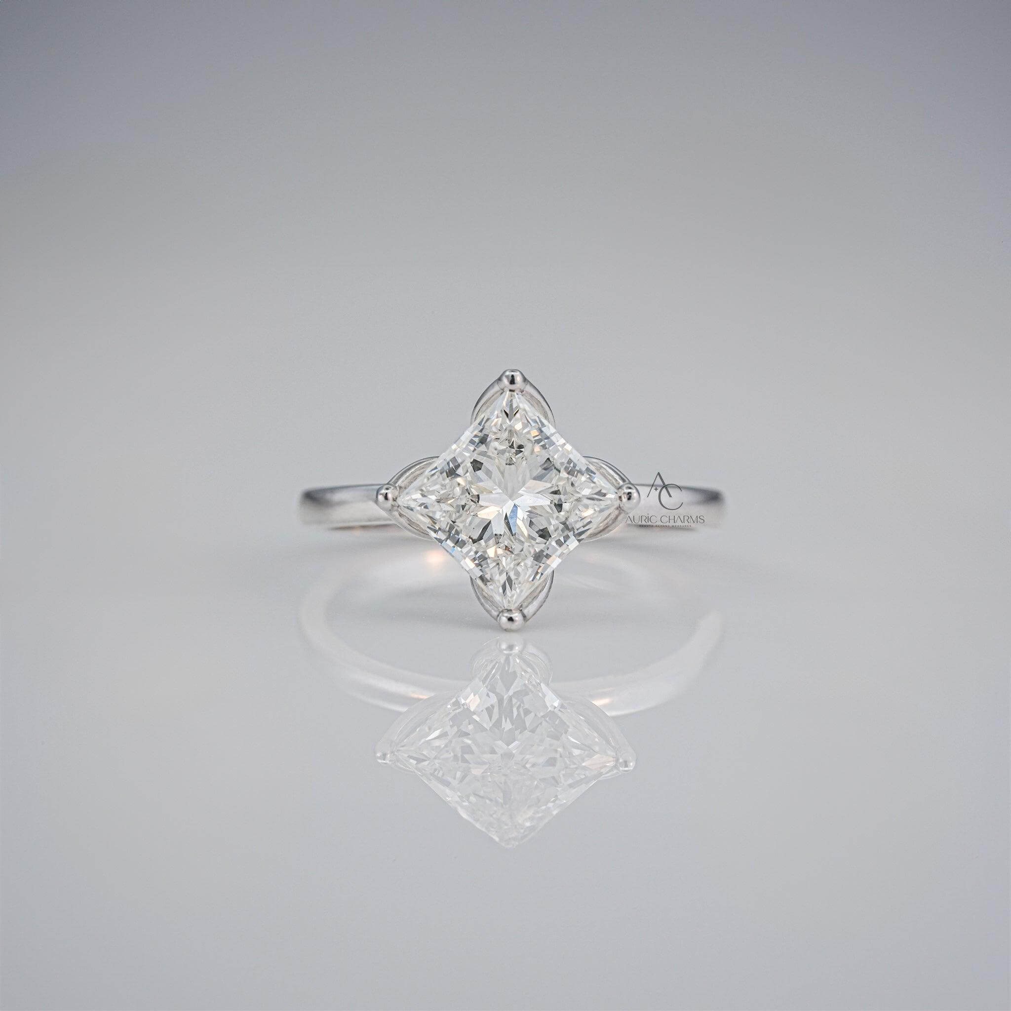 Square lab-grown diamond engagement ring with elegant floral design.