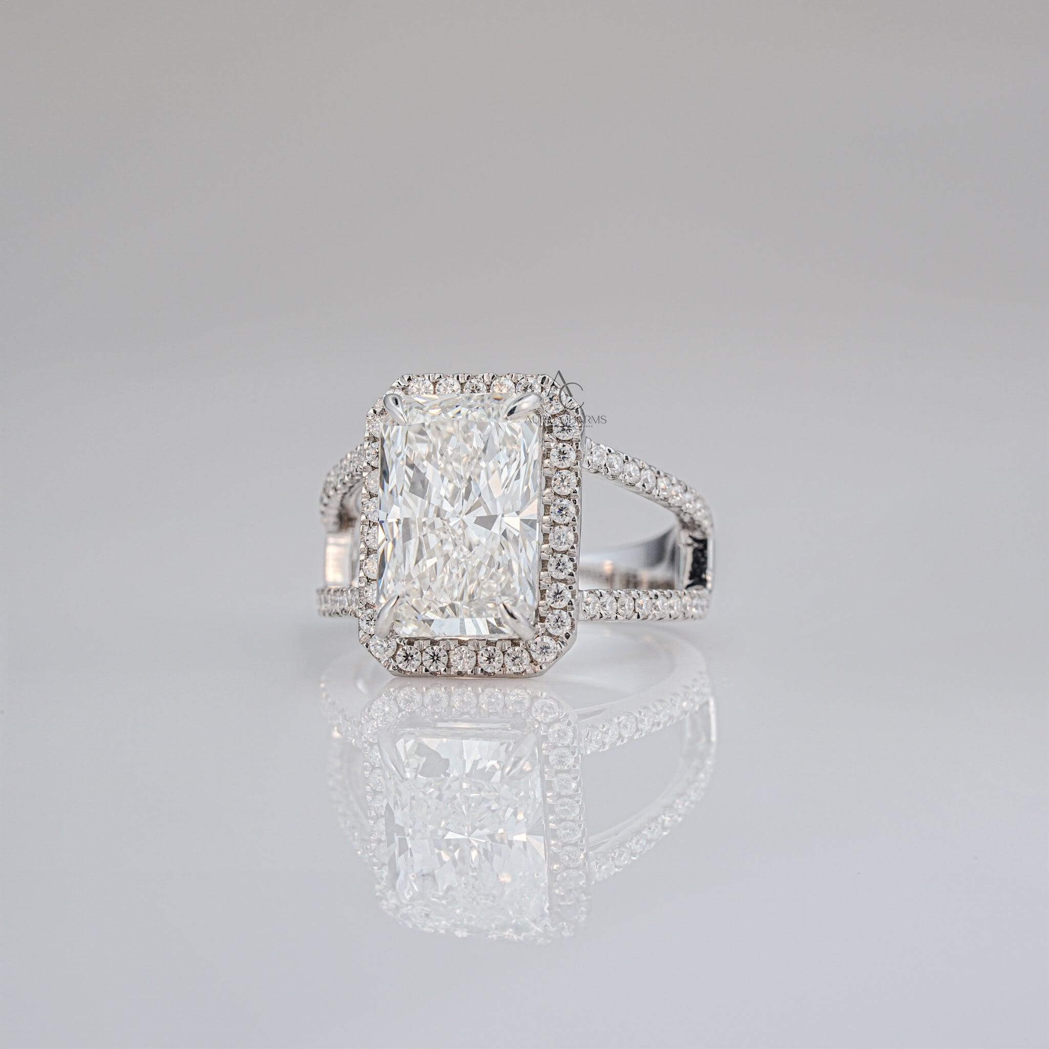 Side view of radiant-cut diamond halo ring with pave diamond band details.