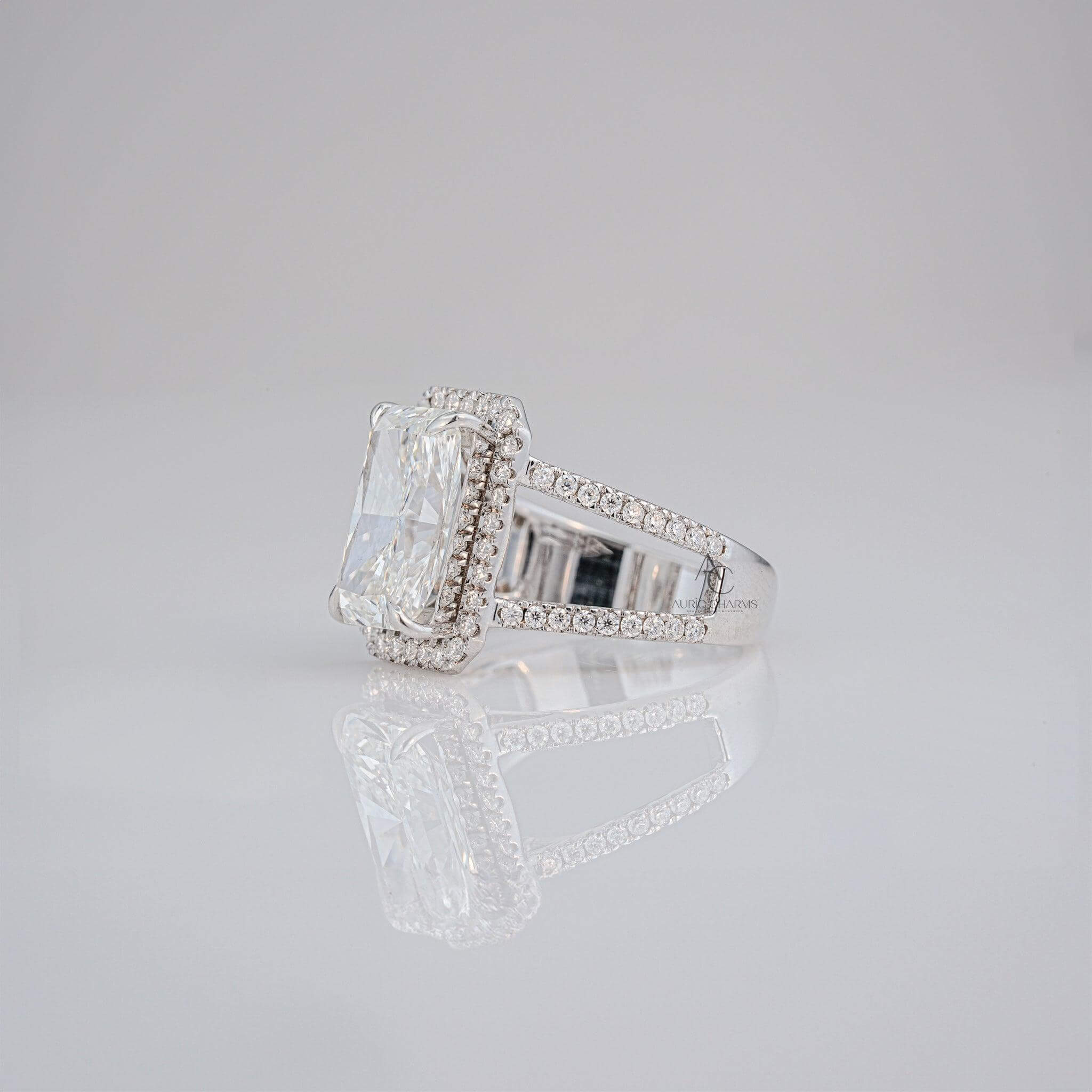 Back view of radiant-cut diamond halo ring showcasing detailed craftsmanship.
