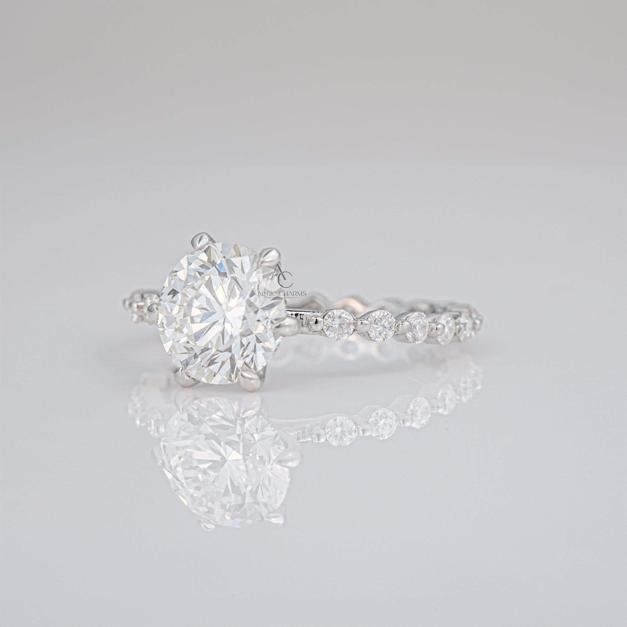 Side view of round lab-grown diamond ring showcasing elegant prong setting.