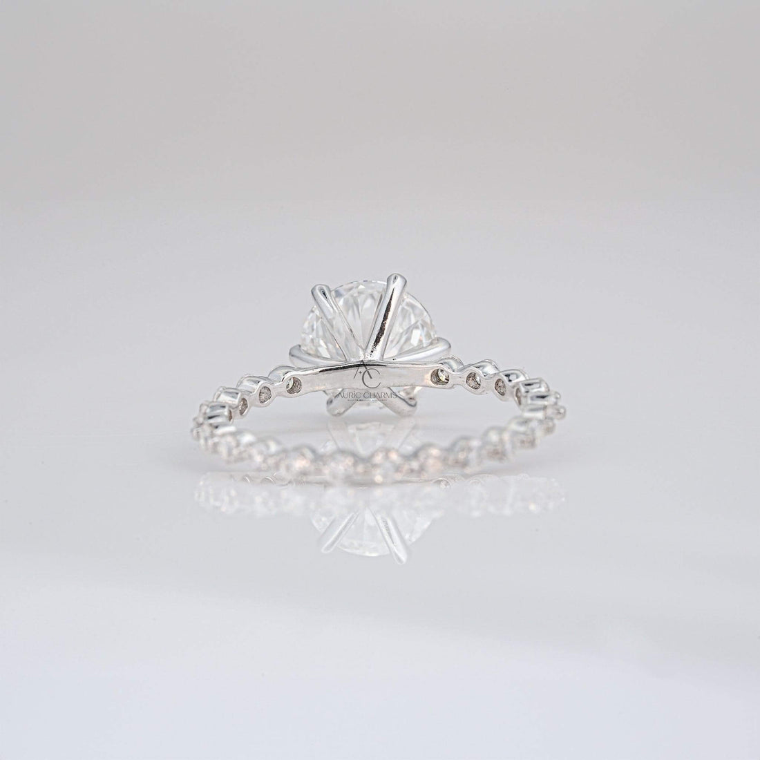 Back view of lab-grown diamond ring highlighting intricate craftsmanship.