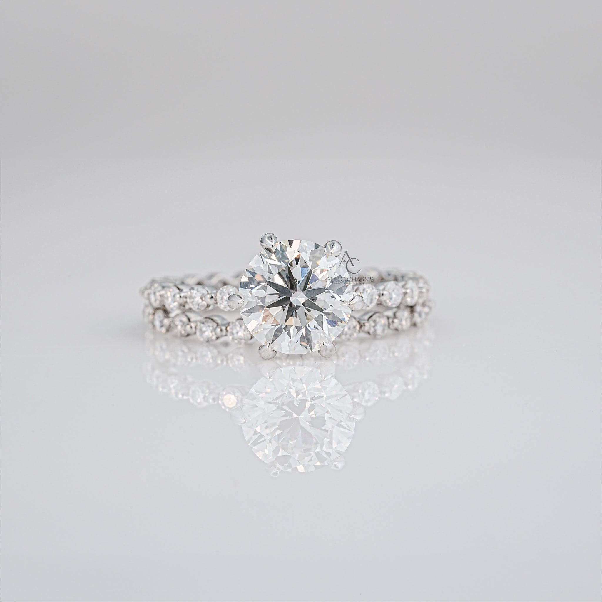 Complete bridal set with solitaire engagement ring and diamond eternity band.