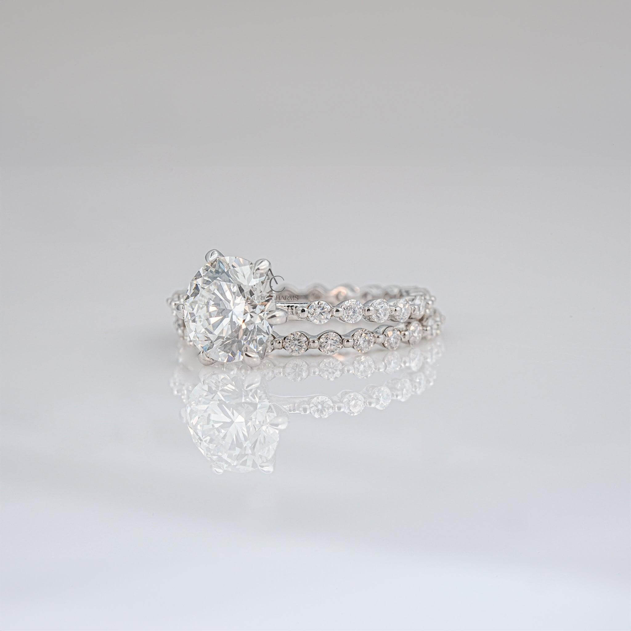 Round-cut diamond engagement ring with a sparkling diamond band