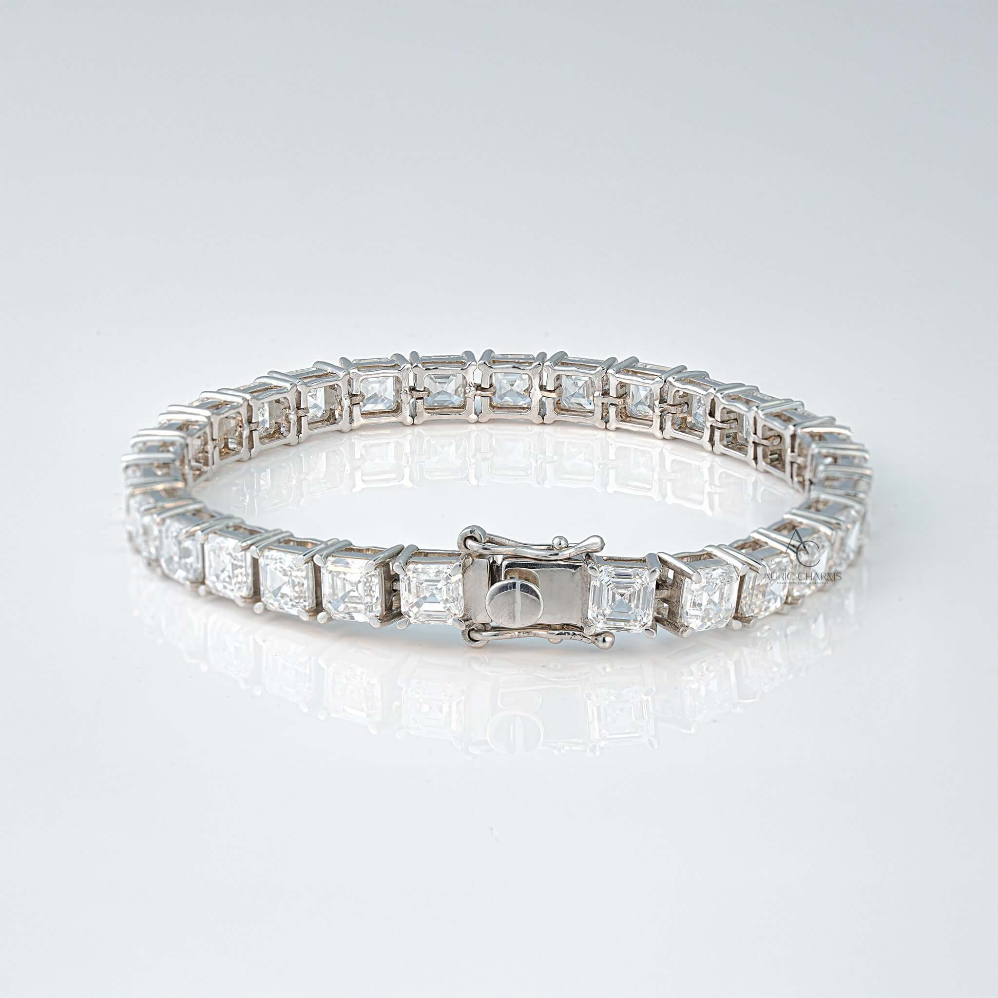 Back view of lab-grown diamond tennis bracelet in white gold with clasp and detailing.