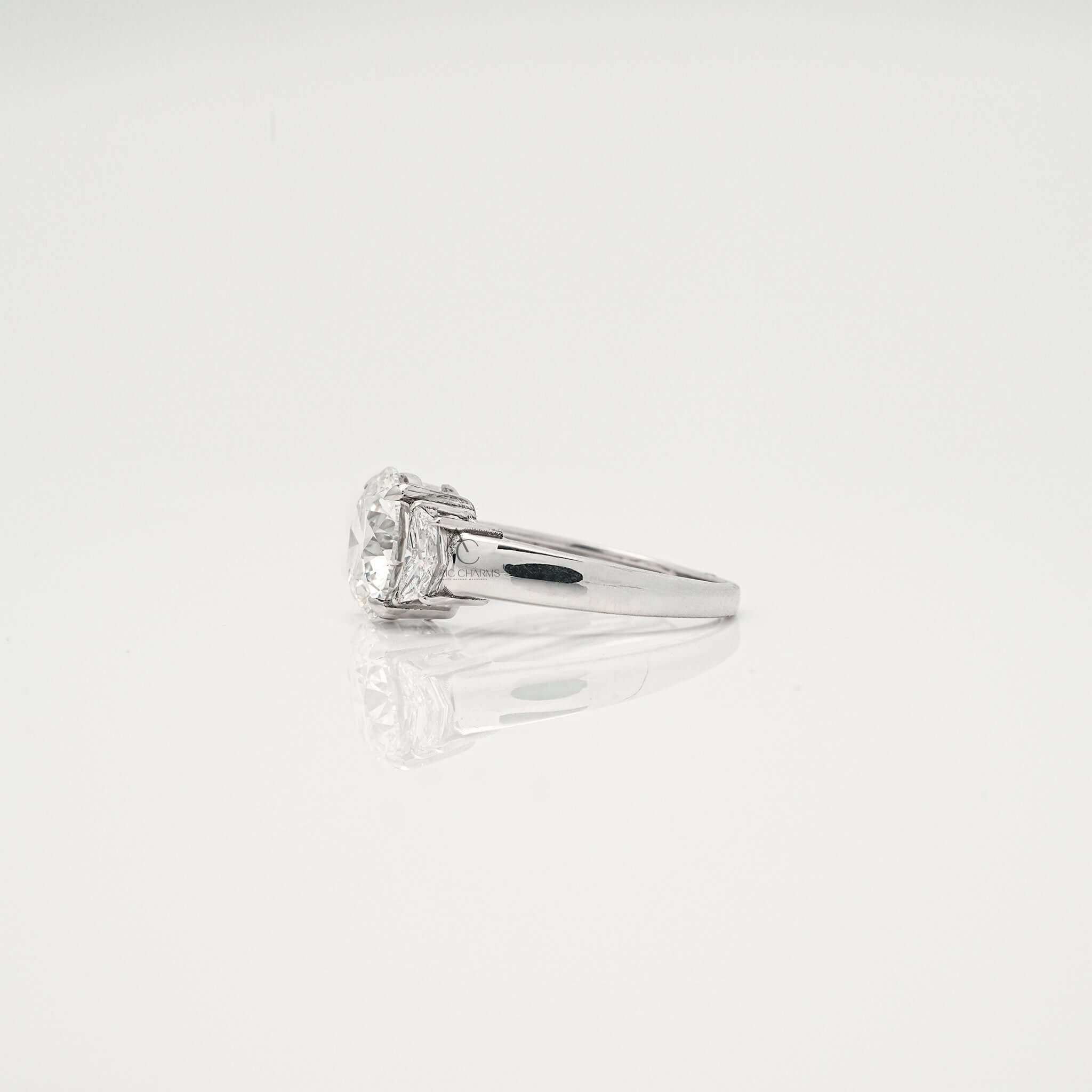 Profile of diamond ring showing intricate prong setting.
