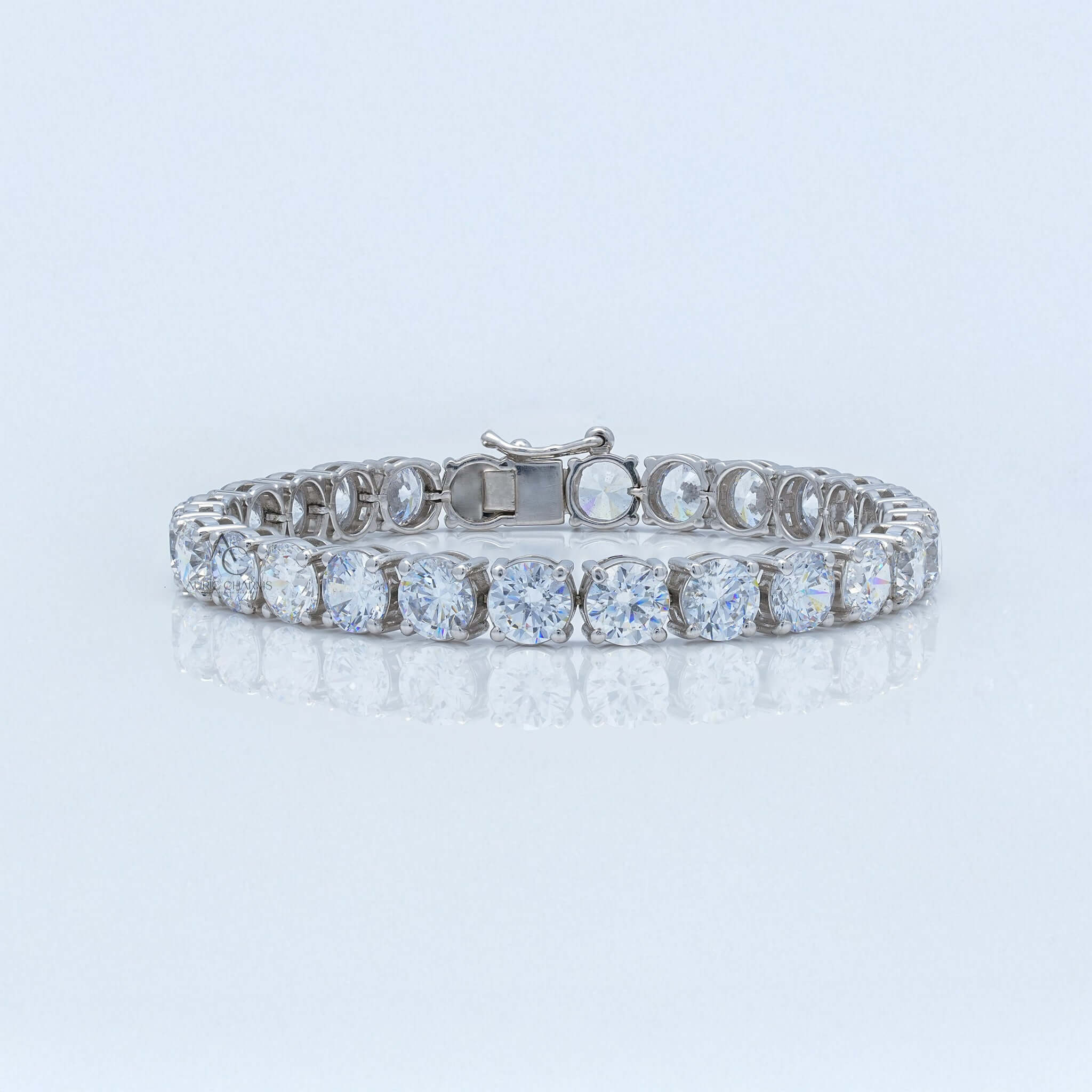Front view of lab-grown diamond tennis bracelet in white gold with brilliant round stones.