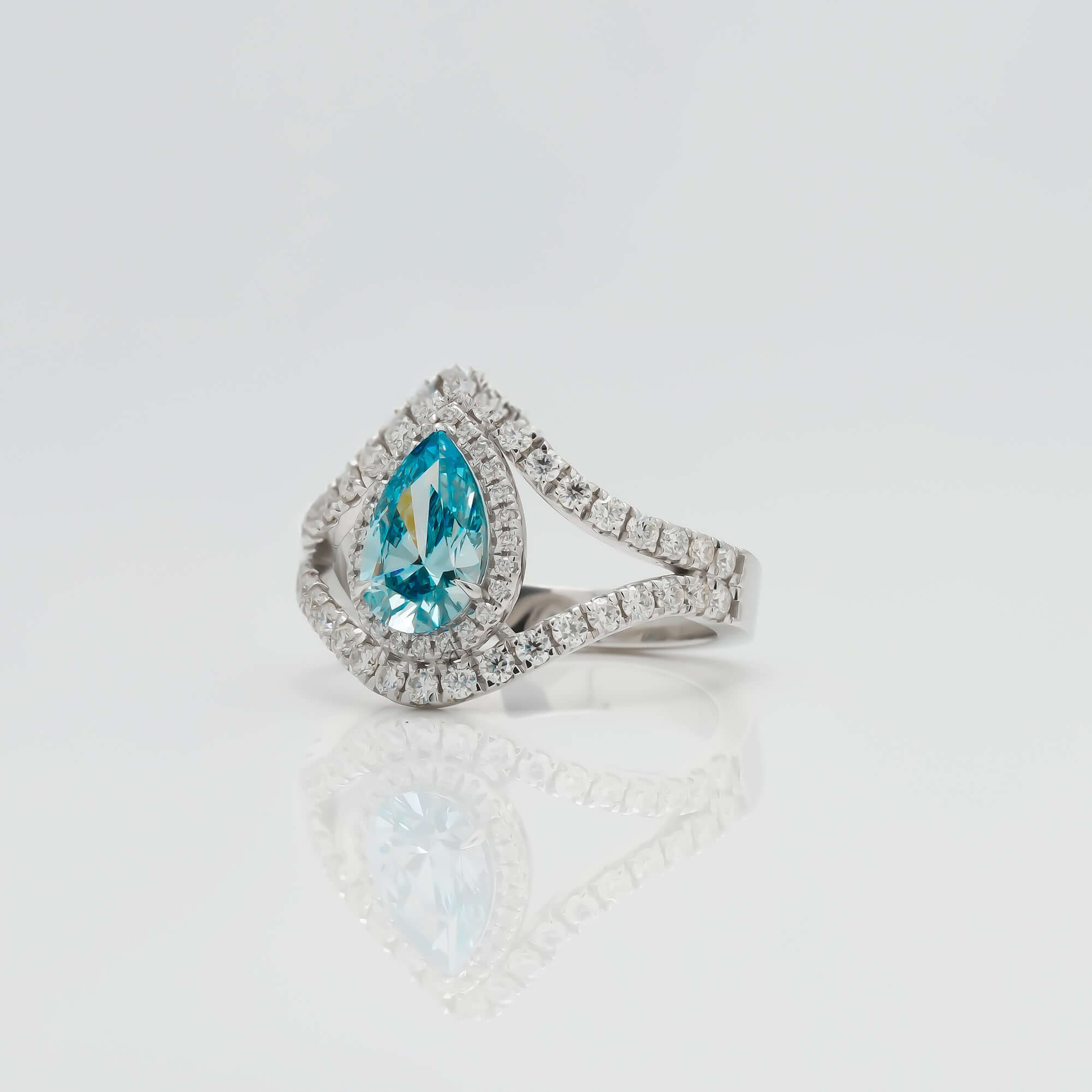 Serenadia Aqua Pear Diamond Split Halo Ring