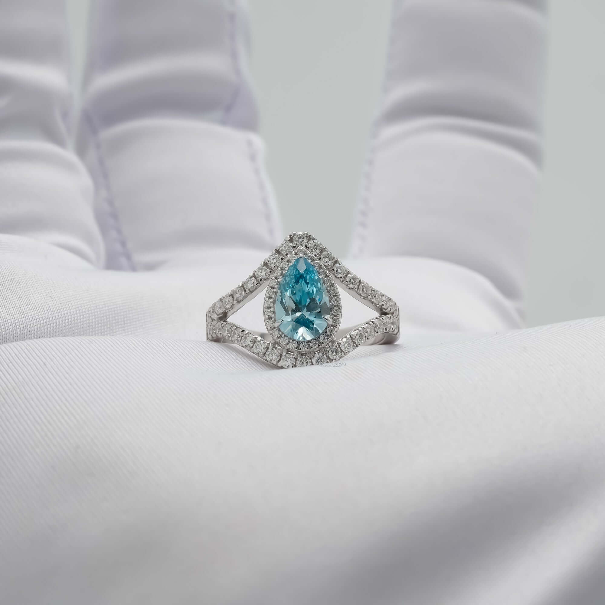 Serenadia Aqua Pear Diamond Split Halo Ring