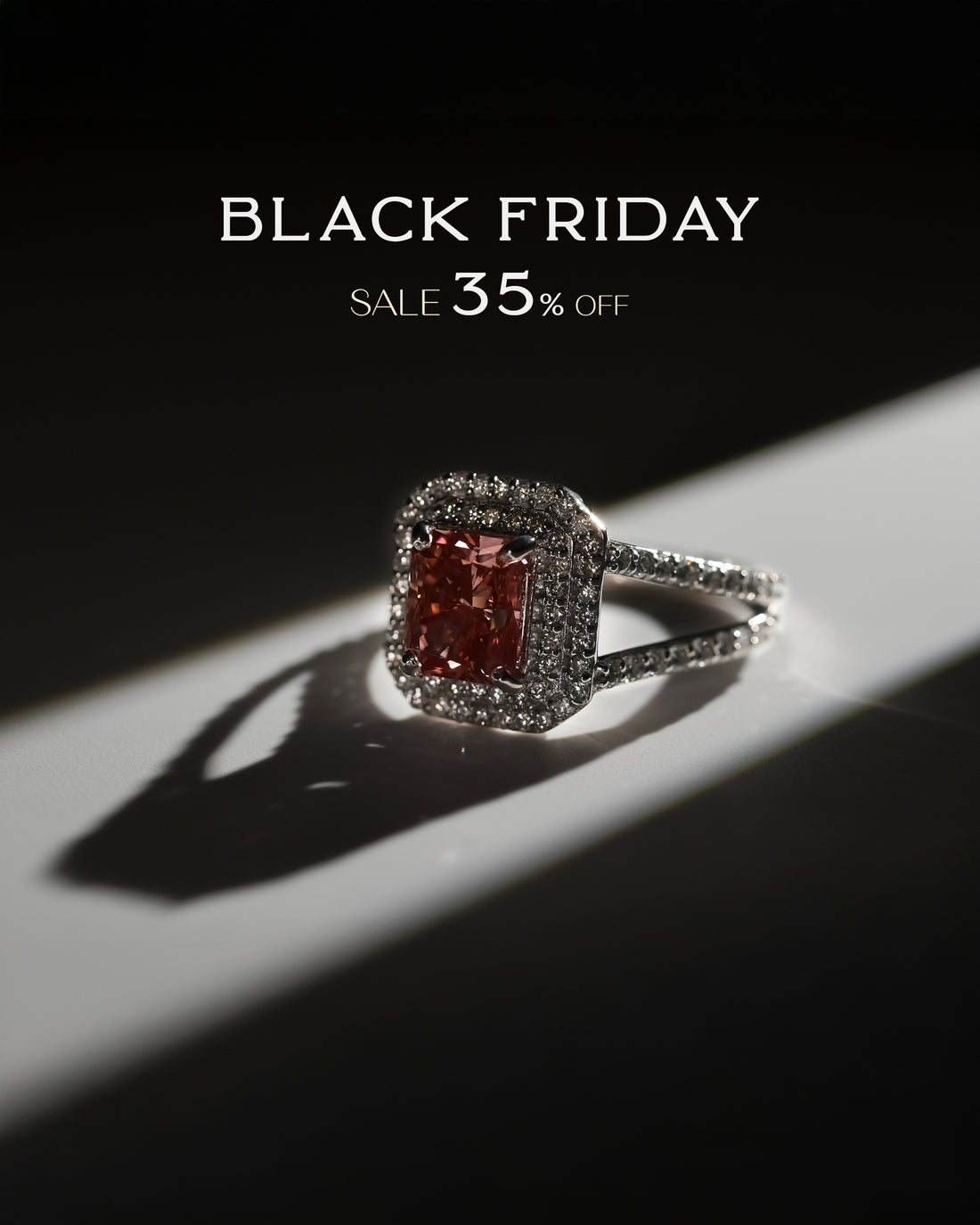 Diamond ring with a black Friday sale text overlay on a dark background