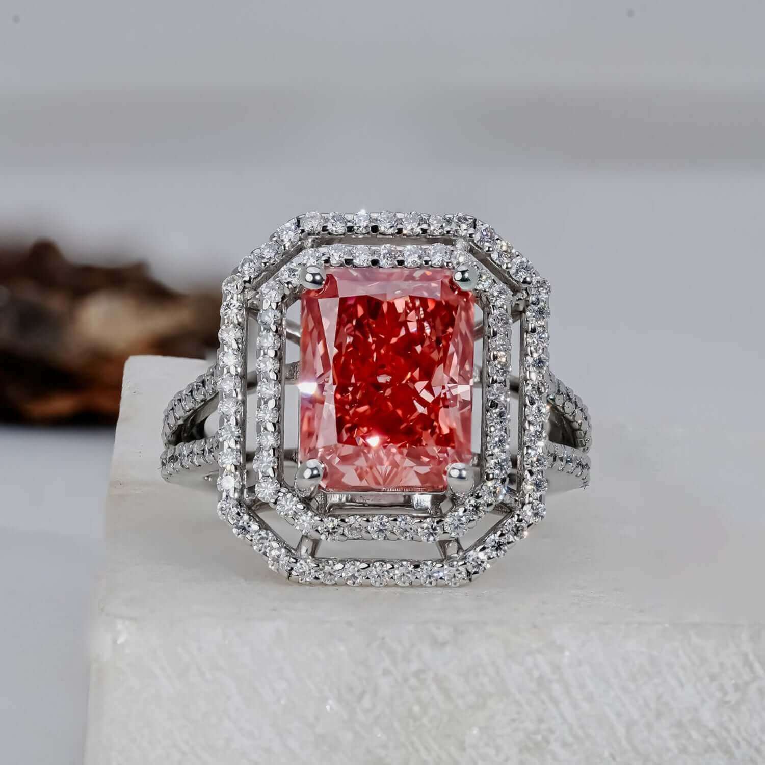 Fancy Vivid Pink Radiant Cut Halo Lab Grown Diamond Engagement Ring for Her