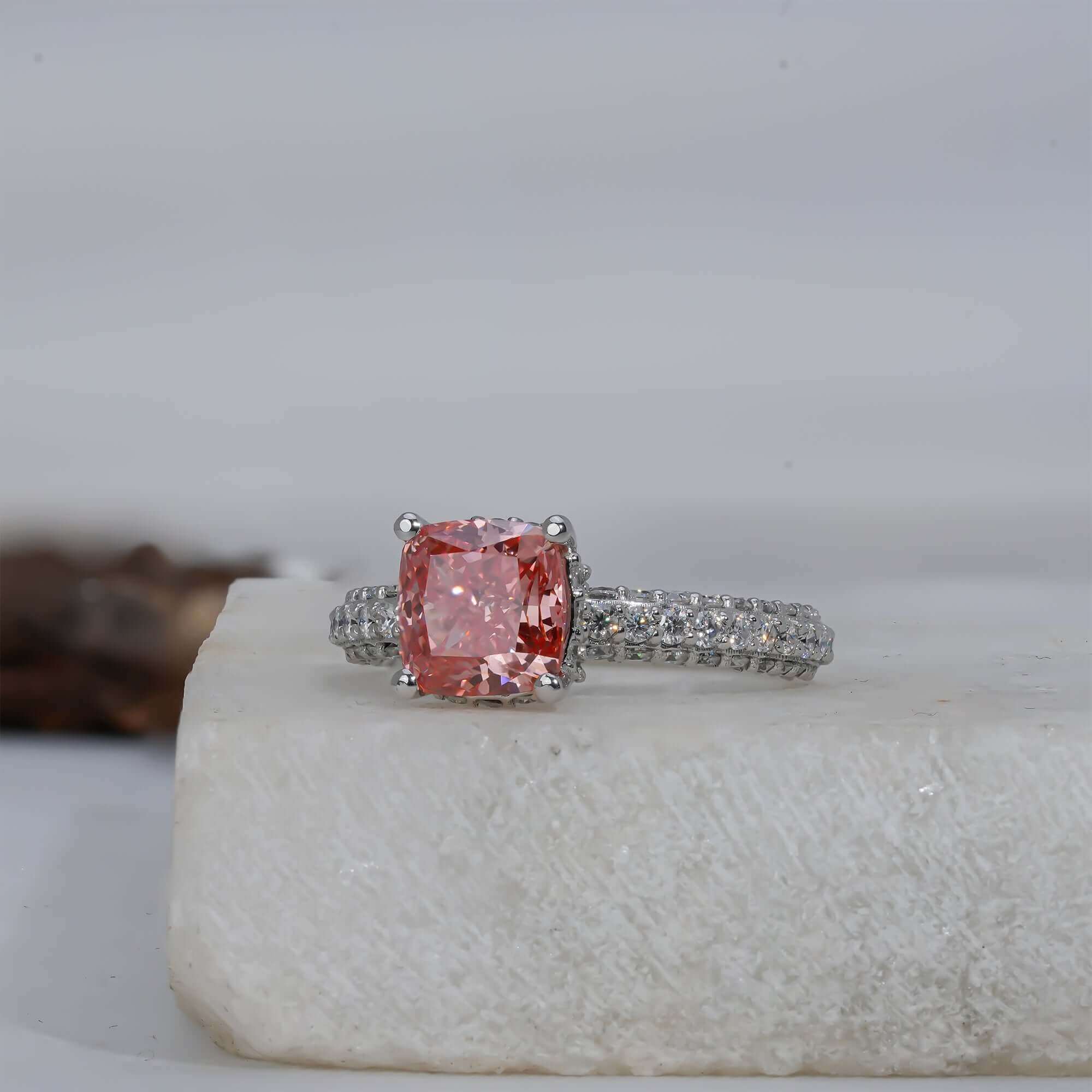 Fancy Vivid Pink Cushion Cut Hidden Halo-Pave Lab Grown Diamond Engagement Ring