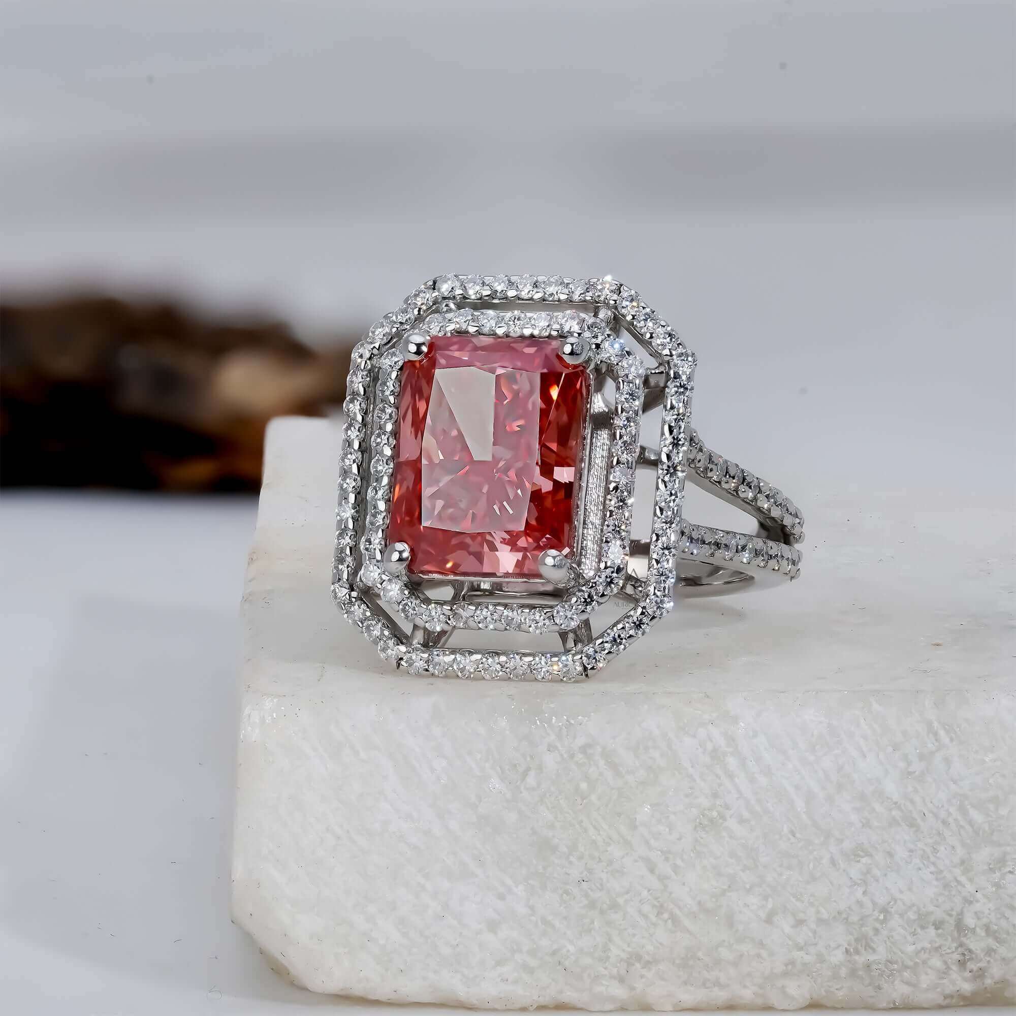 Fancy Vivid Pink Radiant Cut Halo Lab Grown Diamond Engagement Ring for Her
