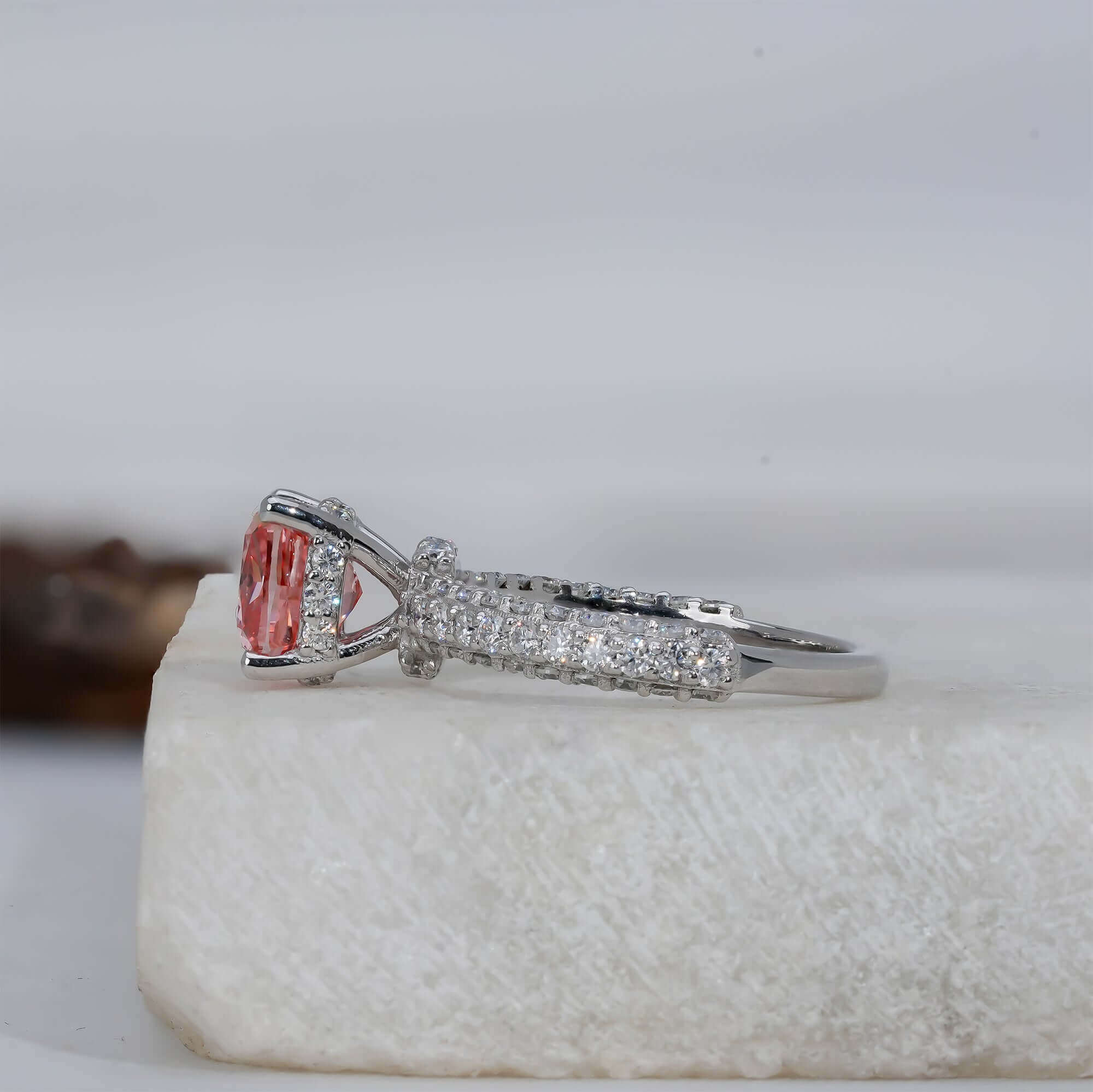 Fancy Vivid Pink Cushion Cut Hidden Halo-Pave Lab Grown Diamond Engagement Ring
