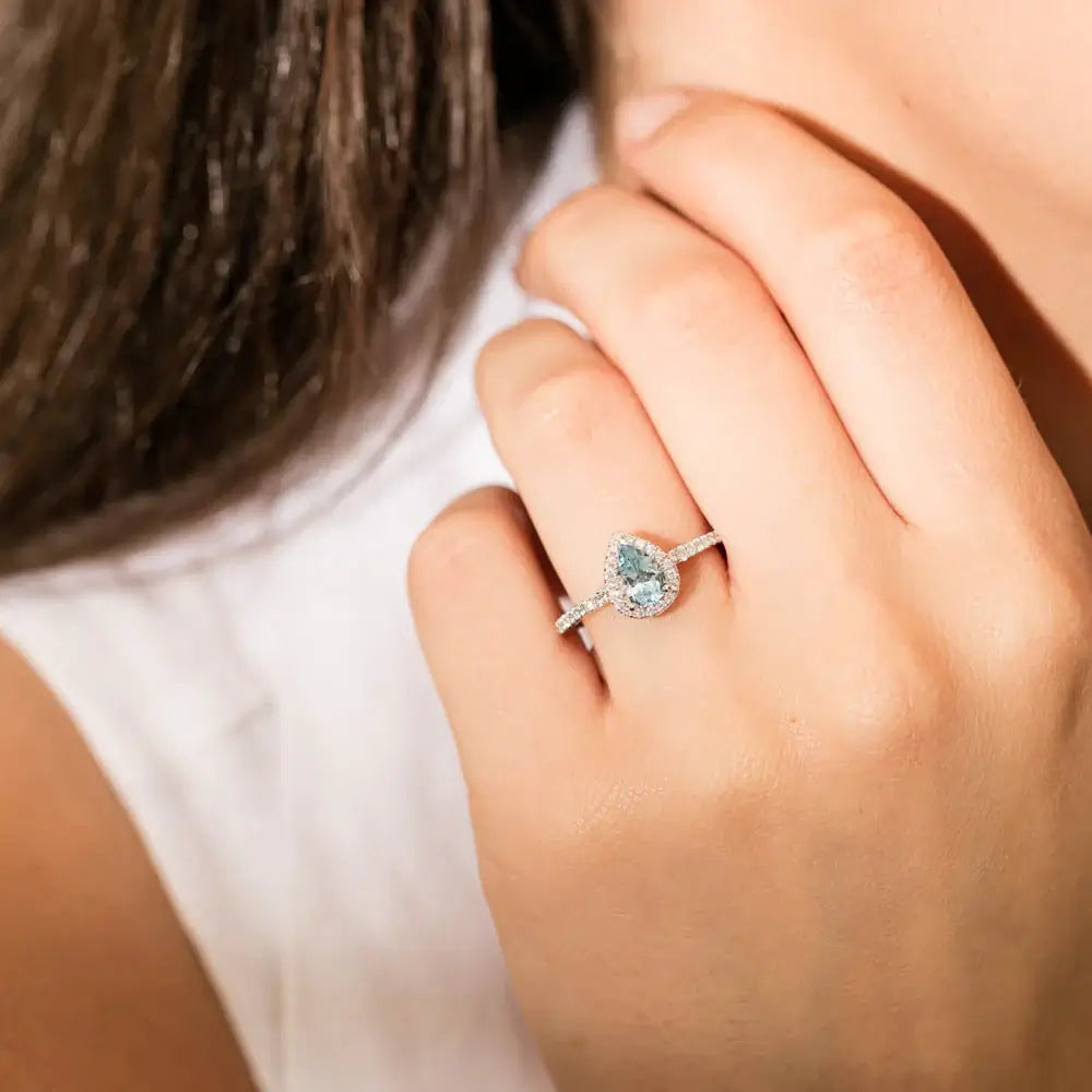 Oceanica Blue Pear Halo Engagement Ring