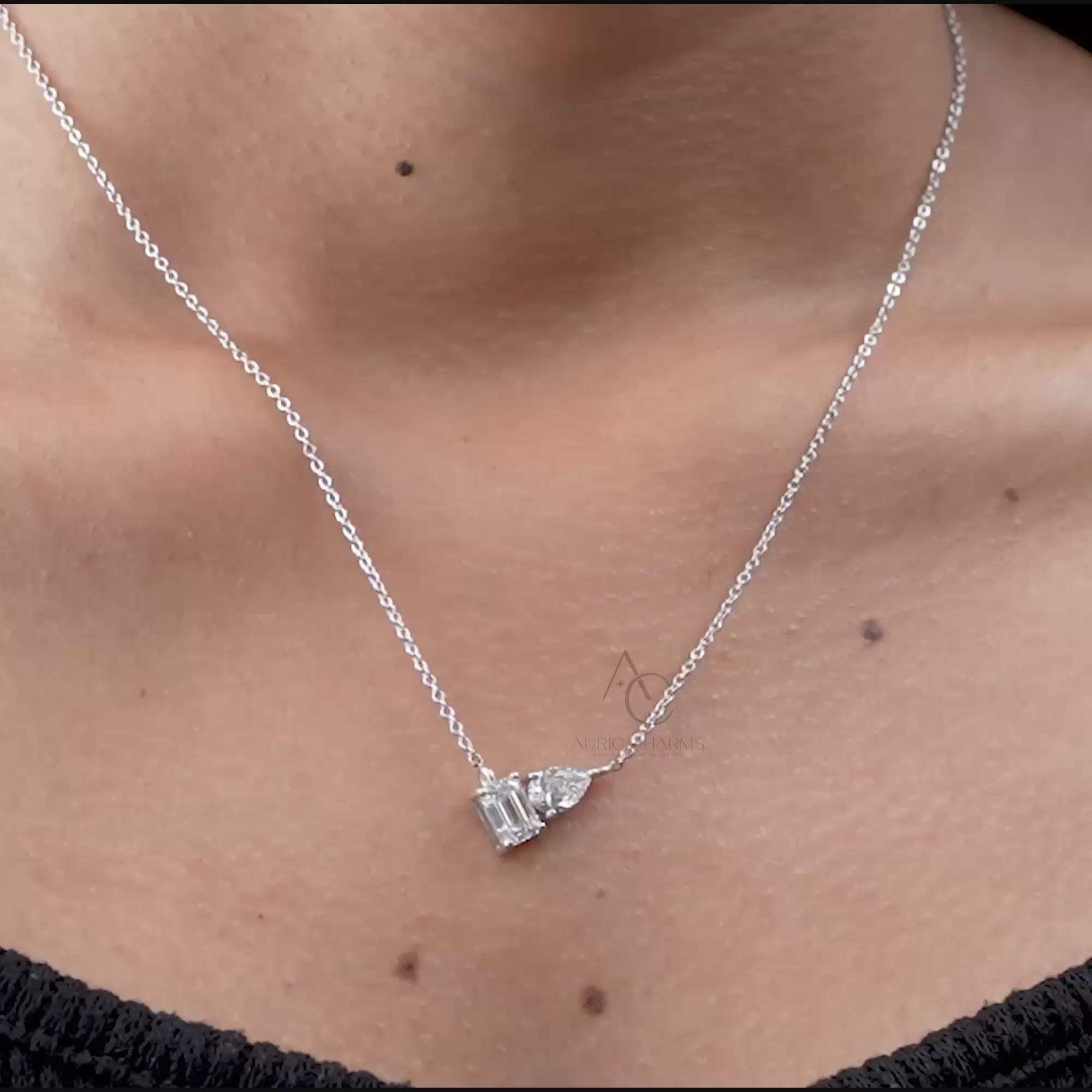 Asymmetric Pear and Emerald Cut Lab Grown Diamond Pendant Necklace