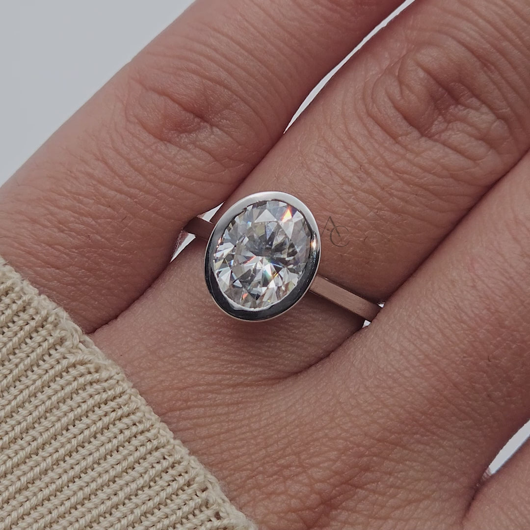 Oval diamond ring with bezel setting shown from multiple angles on hand.