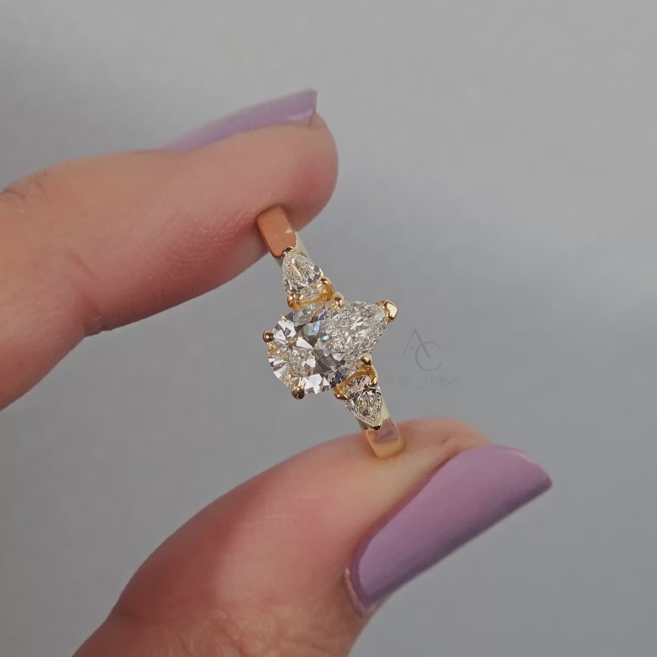 Liora Three-Stone Pear Diamond Ring in Yellow Gold