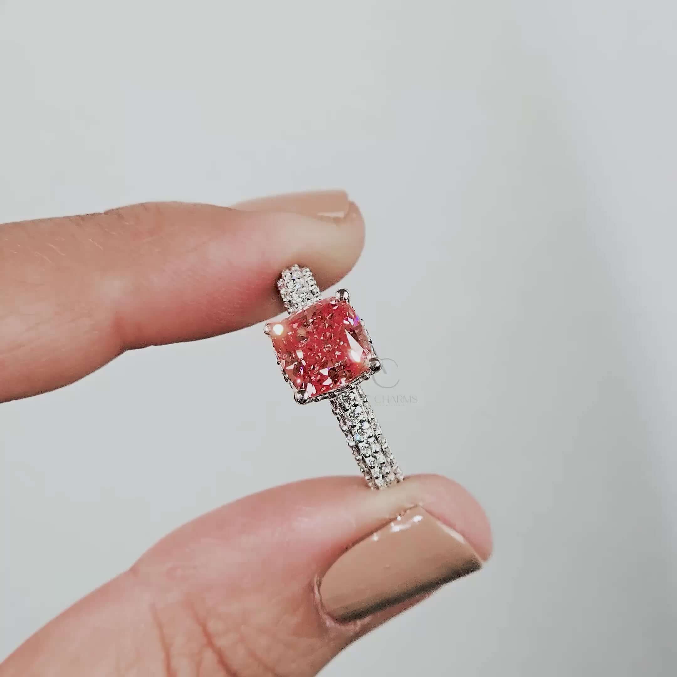 Fancy Vivid Pink Cushion Cut Hidden Halo-Pave Lab Grown Diamond Engagement Ring