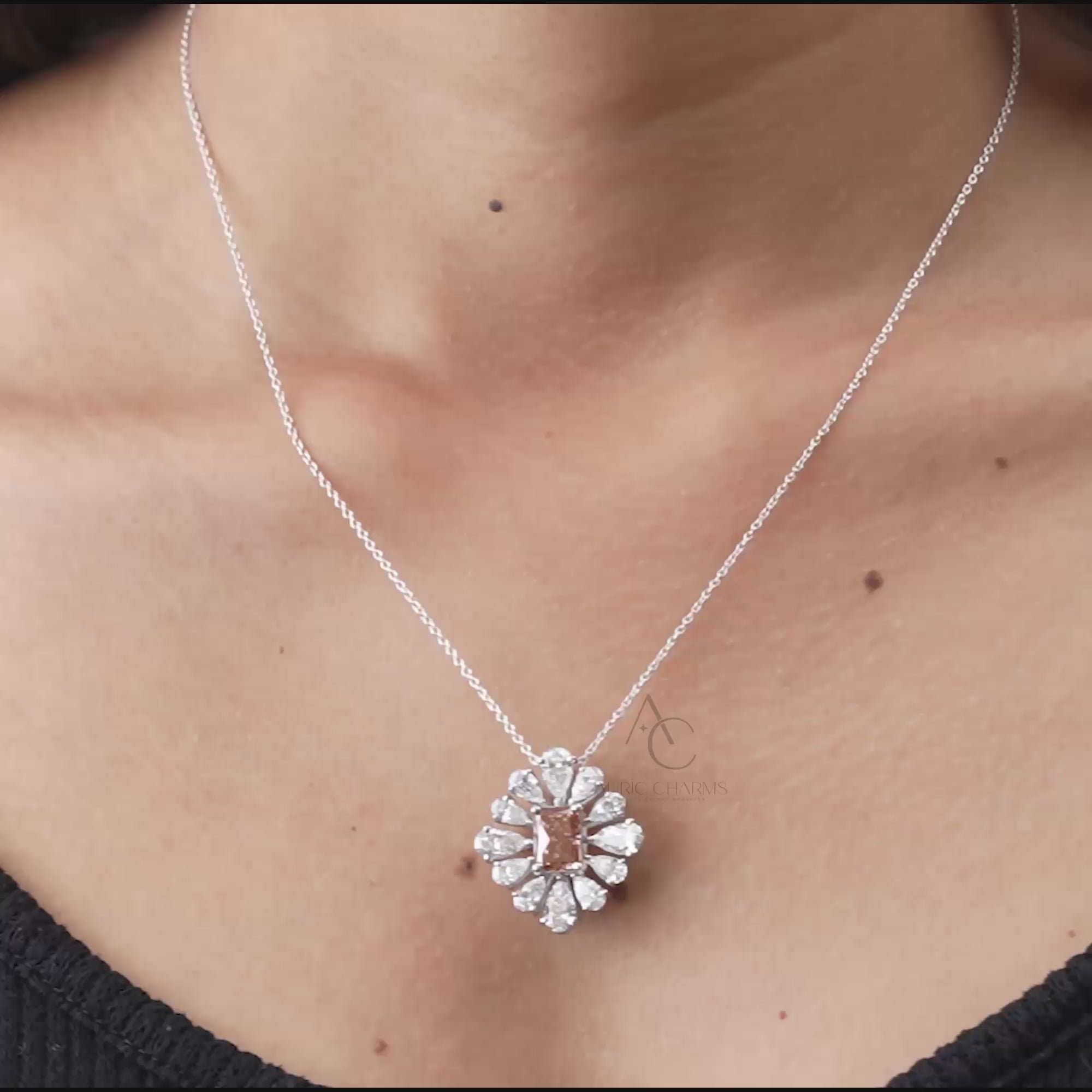 360-degree view of radiant pink diamond pendant with marquise lab-grown diamonds in white gold.