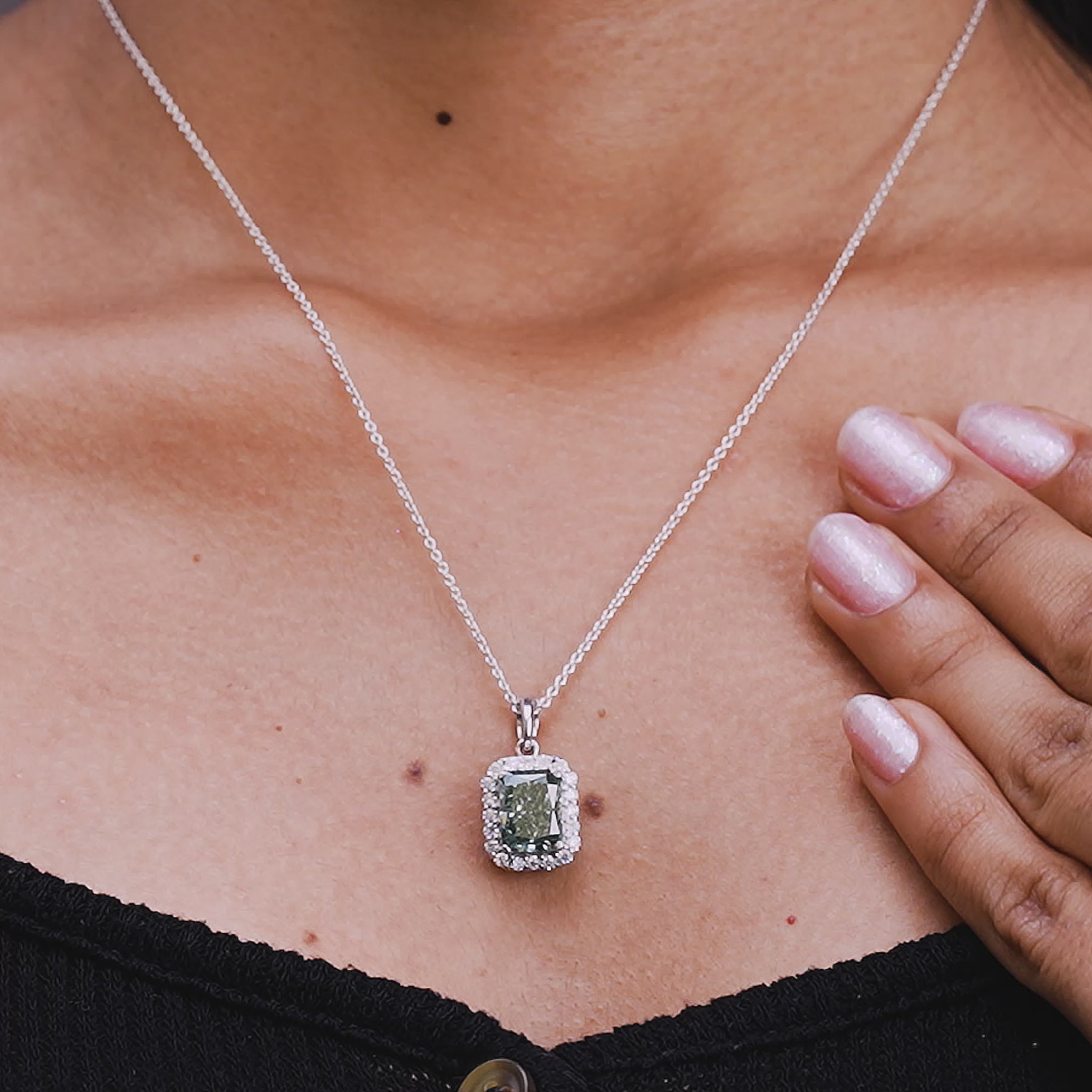 Fancy Green Radiant Cut Lab Grown Diamond Halo Pendant Necklace