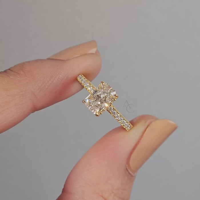 360 view of radiant diamond ring showcasing refined craftsmanship and pavé design details.