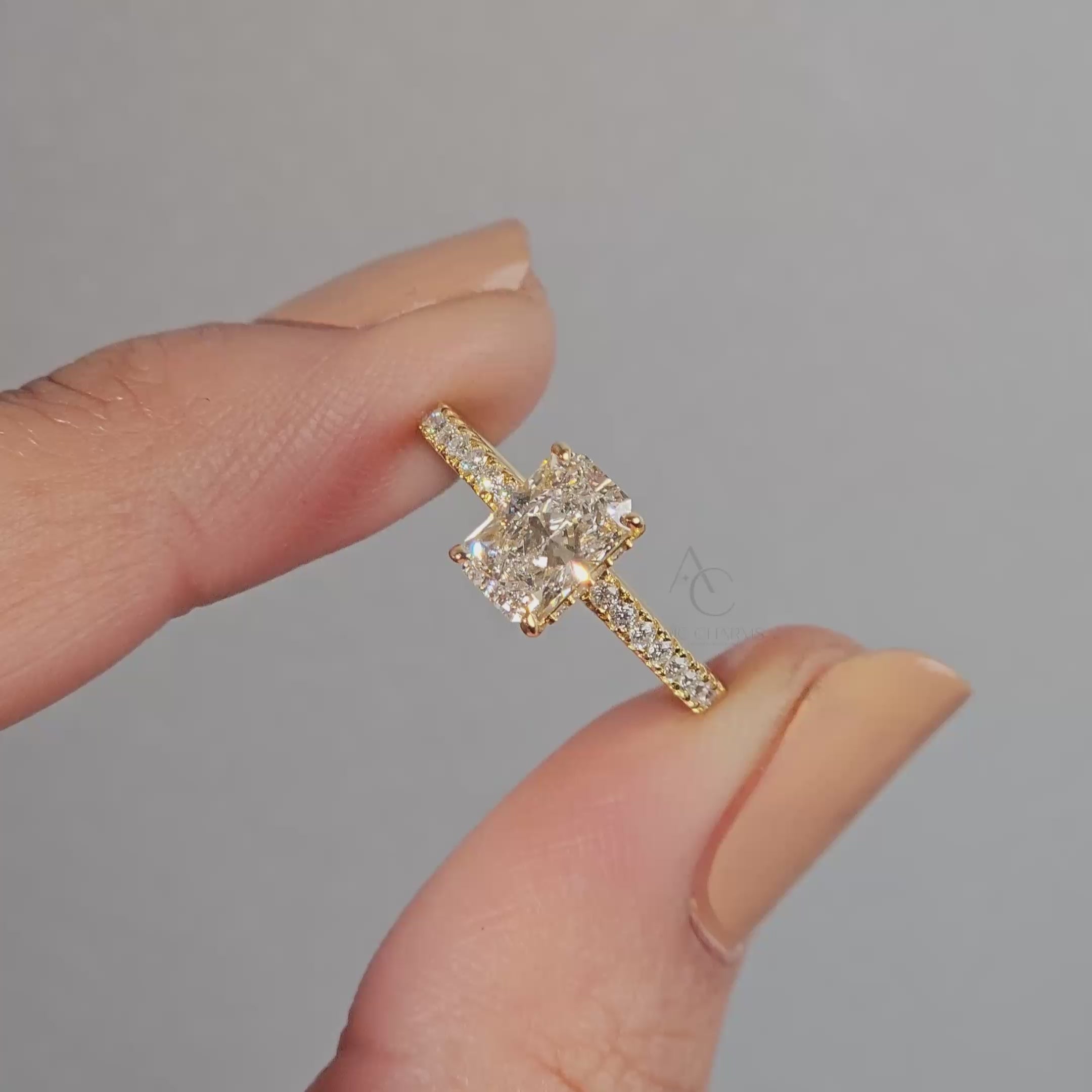 360 view of radiant diamond ring showcasing refined craftsmanship and pavé design details.