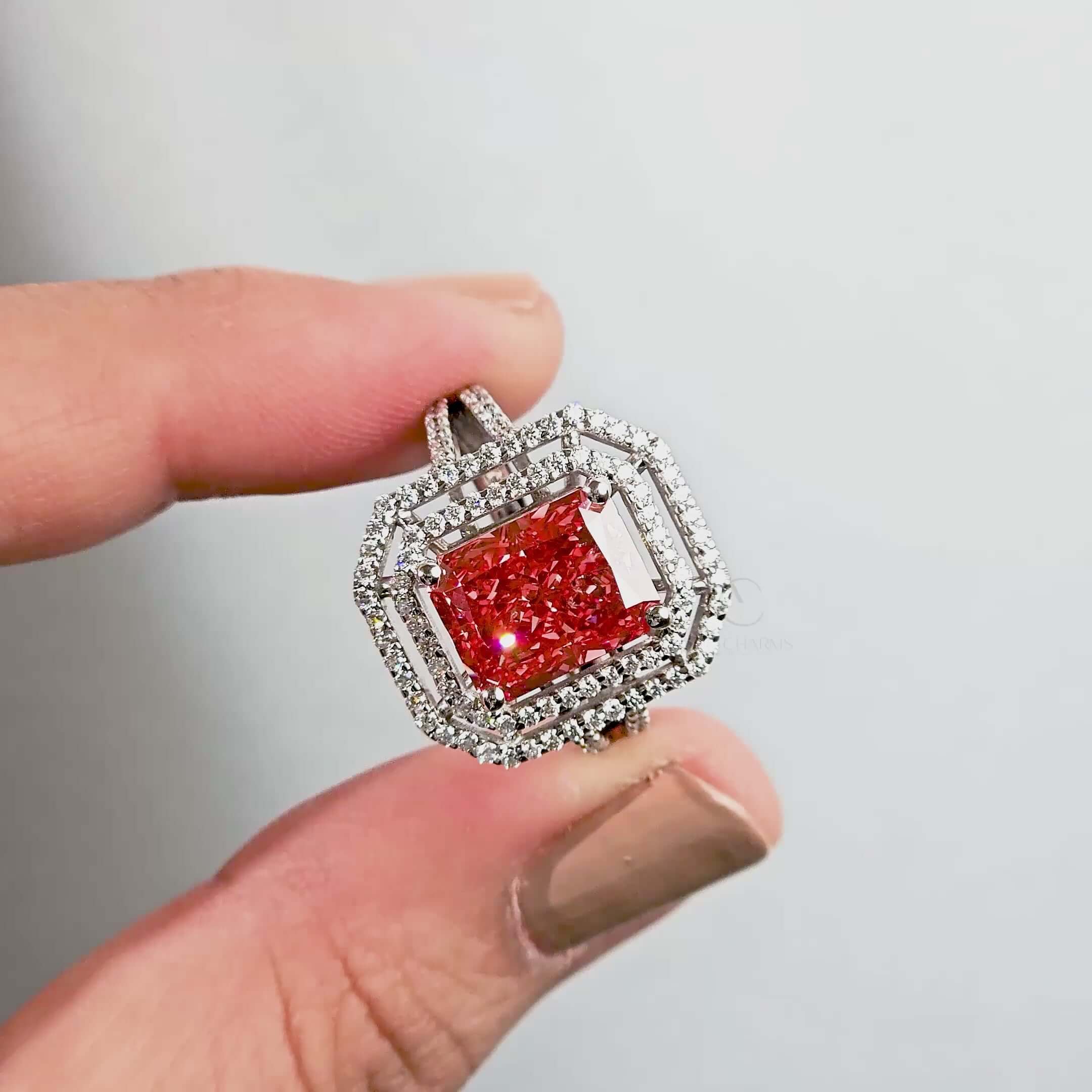 Fancy Vivid Pink Radiant Cut Halo Lab Grown Diamond Engagement Ring for Her