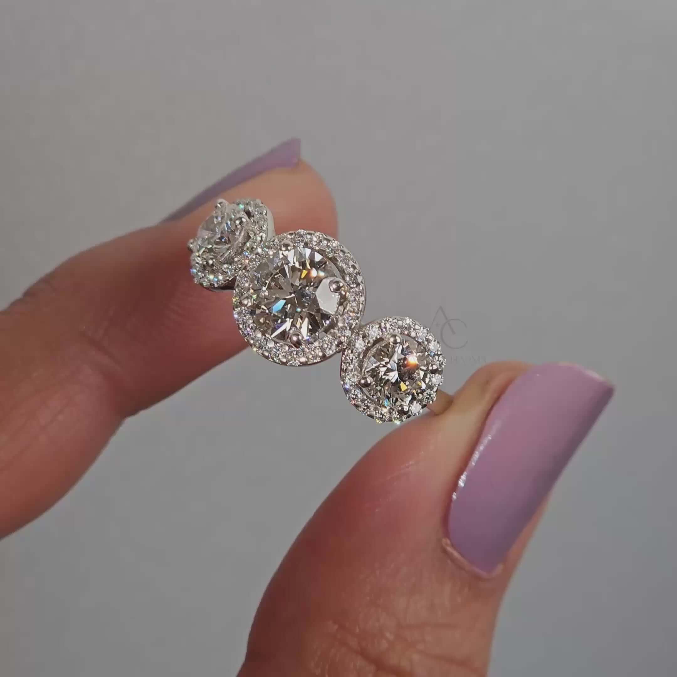 Monroe Three-Stone Halo Diamond Engagement Ring